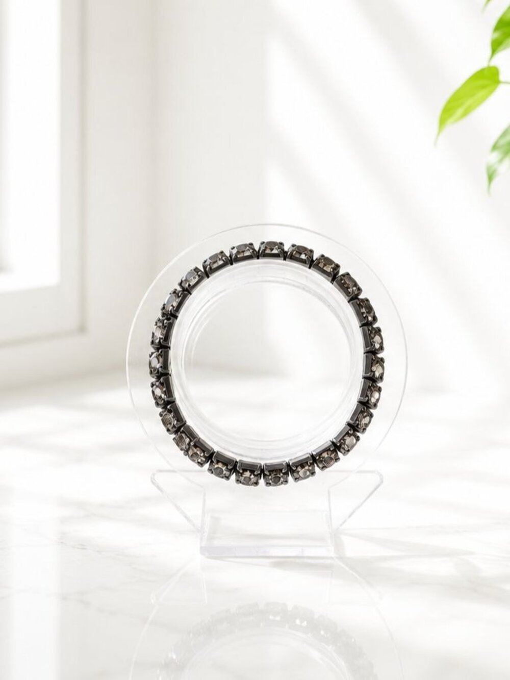 Black Rhinestone Stretch Bracelet With Square-Cut Stones - Antique Finish Jewelr